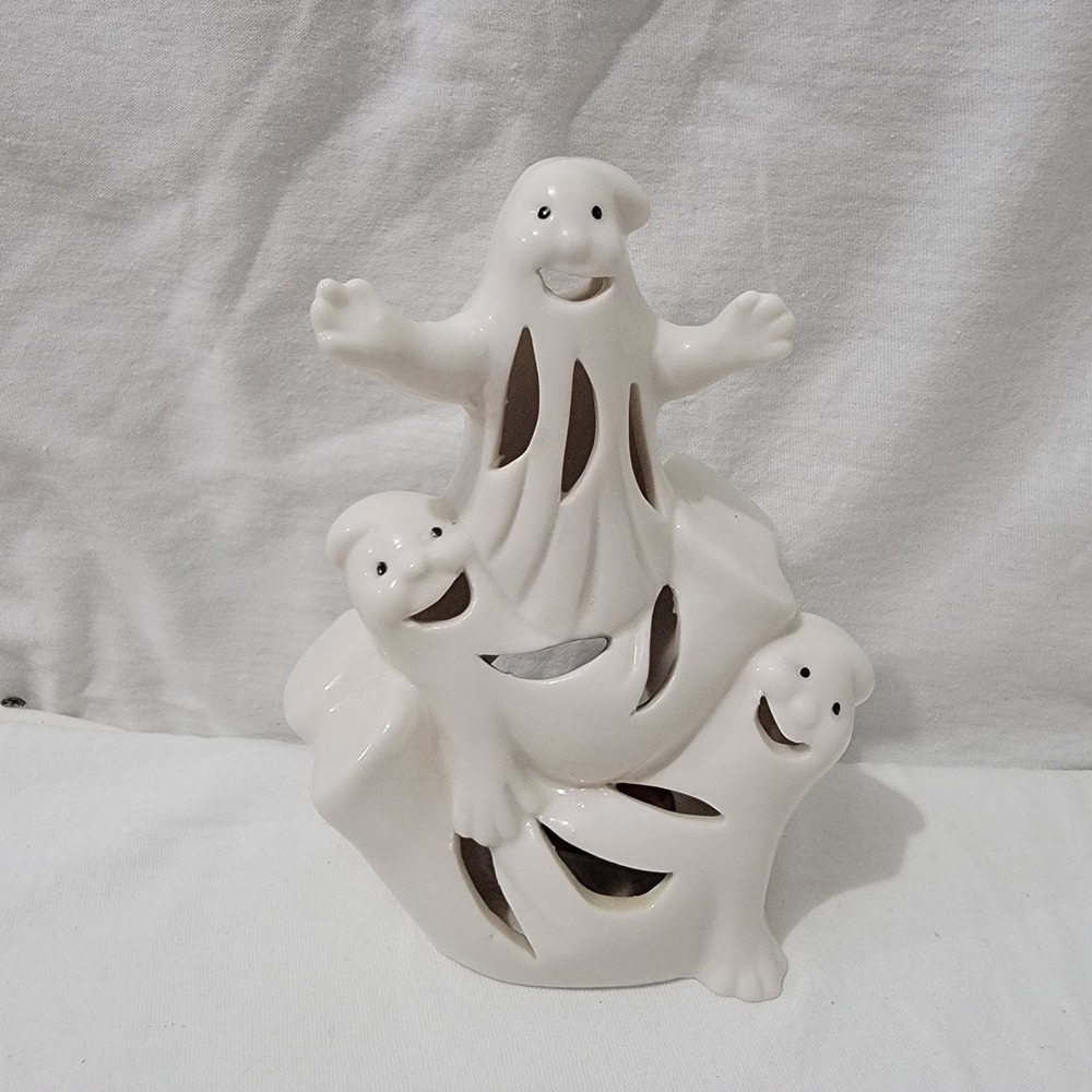 Vintage Halloween Decor‎ 3 Ghosts Tea Light Candle Holder Porcelain Fall White